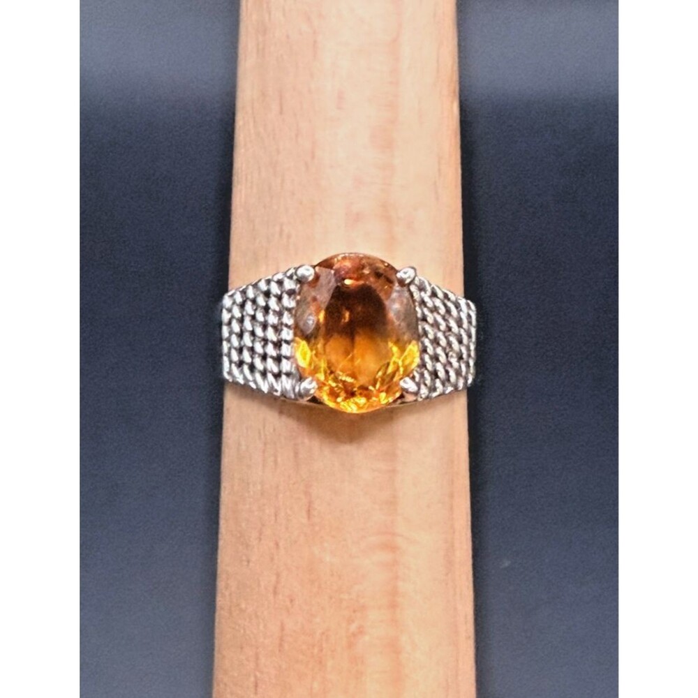 Sterling Silver Citrine Ring Oval Orange Yellow Gemstone Statement Size 7.5